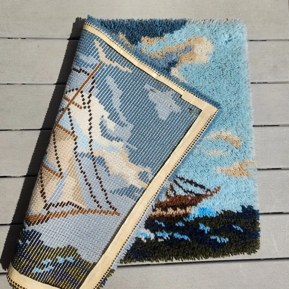 Vintage 70s Sailing Ship Latchhook Wall Hanging Tapestry, 39x28